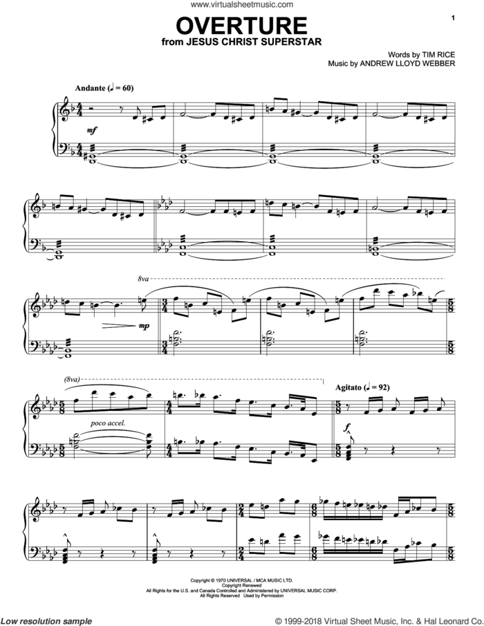 Overture sheet music for piano solo by Andrew Lloyd Webber, intermediate skill level