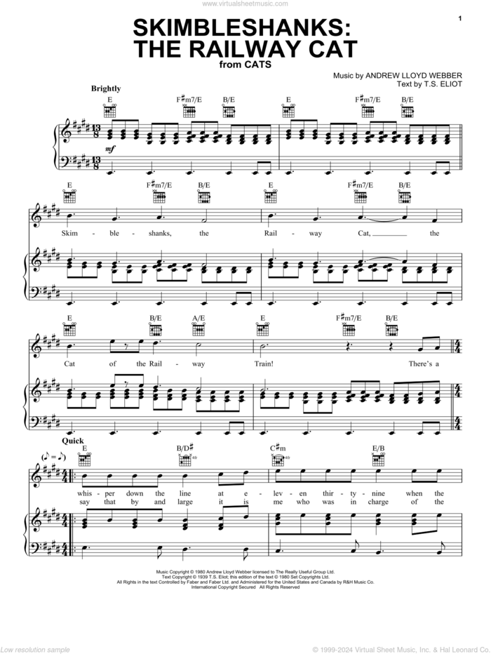 Skimbleshanks: The Railway Cat (from Cats) sheet music for voice, piano or guitar by Andrew Lloyd Webber and T.S. Eliot, intermediate skill level
