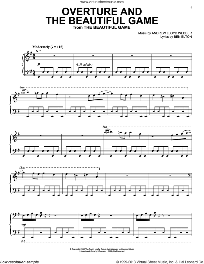 Overture And The Beautiful Game sheet music for piano solo by Andrew Lloyd Webber and Ben Elton, intermediate skill level