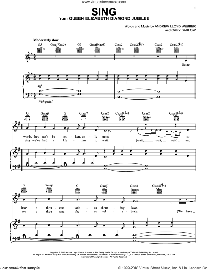 Sing sheet music for voice, piano or guitar by Andrew Lloyd Webber and Gary Barlow, intermediate skill level