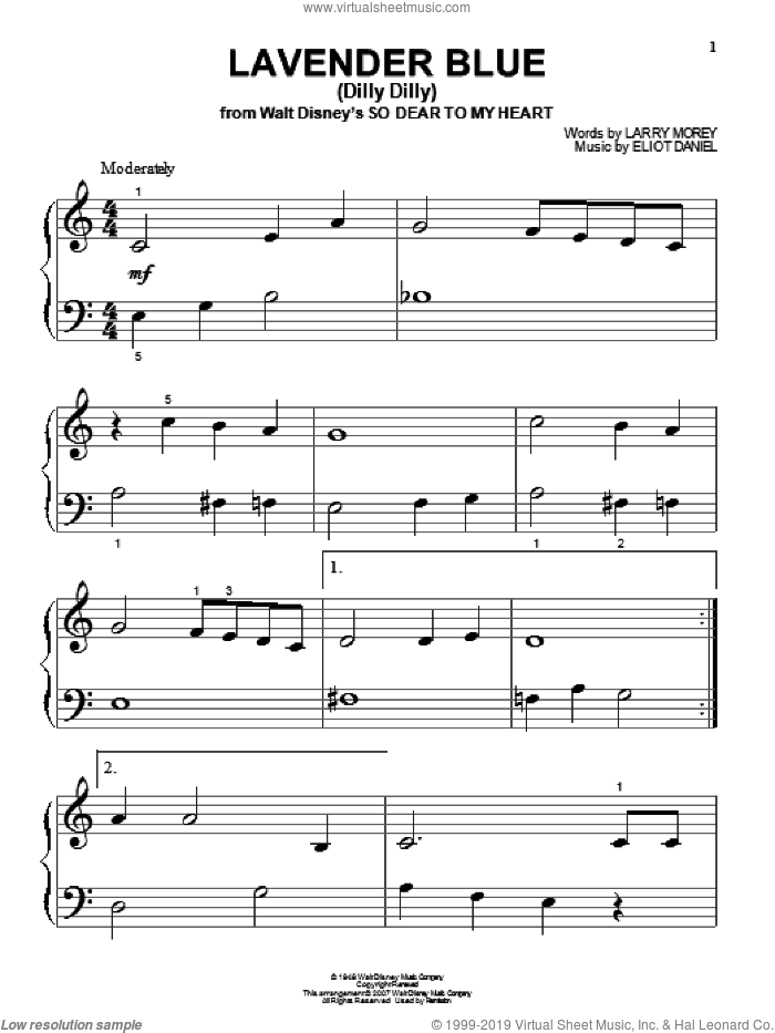 Lavender Blue (Dilly Dilly) (from So Dear To My Heart), (beginner) sheet music for piano solo by Burl Ives, Eliot Daniel and Larry Morey, beginner skill level