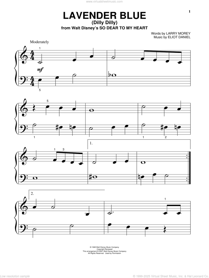 Lavender Blue (Dilly Dilly) (from So Dear To My Heart), (beginner) sheet music for piano solo by Burl Ives, Eliot Daniel and Larry Morey, beginner skill level