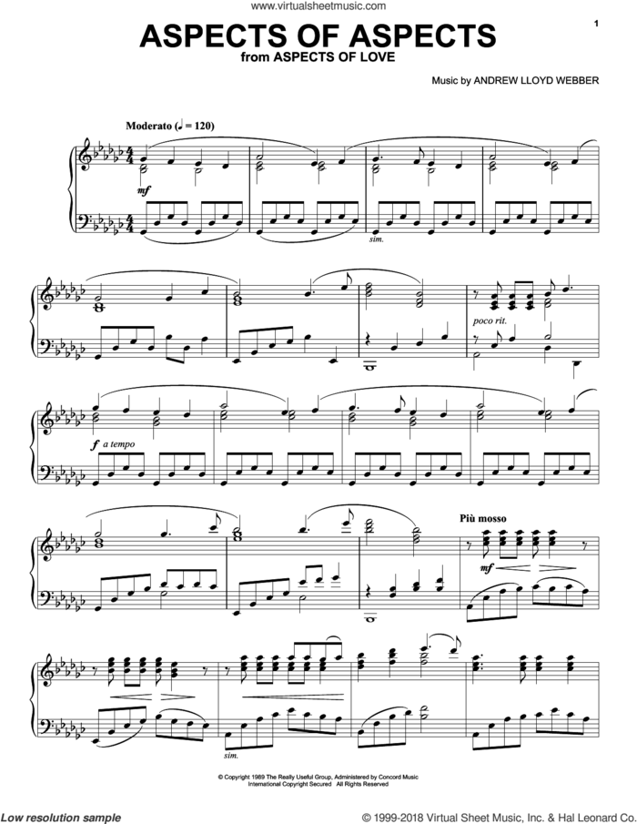 Aspects Of Aspects sheet music for piano solo by Andrew Lloyd Webber, intermediate skill level
