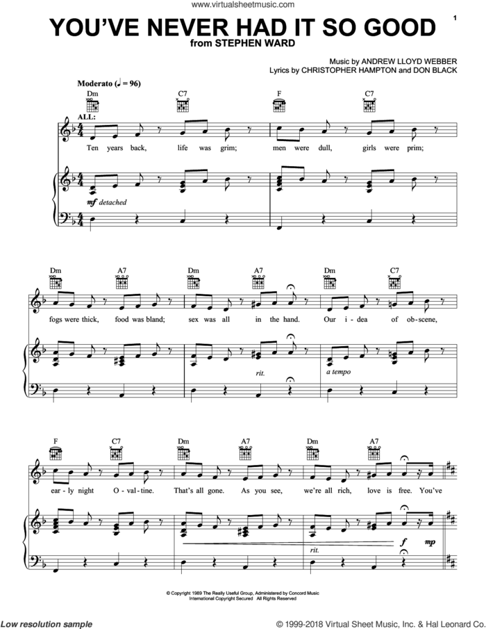 You've Never Had It So Good sheet music for voice, piano or guitar by Andrew Lloyd Webber, Christopher Hampton and Dan Black, intermediate skill level