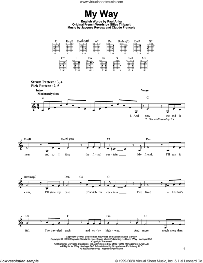 My Way sheet music for guitar solo (chords) by Frank Sinatra, Elvis Presley, Claude Francois, Gilles Thibault, Jacques Revaux and Paul Anka, easy guitar (chords)