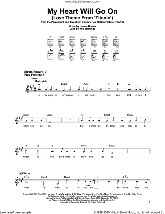 My Heart Will Go On (from Titanic) sheet music for guitar solo (chords) by Celine Dion, James Horner and Will Jennings, wedding score, easy guitar (chords)