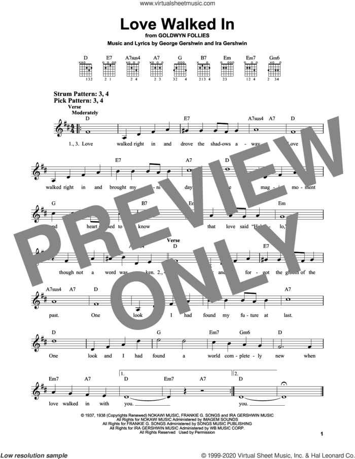 Love Walked In sheet music for guitar solo (chords) by George Gershwin and Ira Gershwin, easy guitar (chords)
