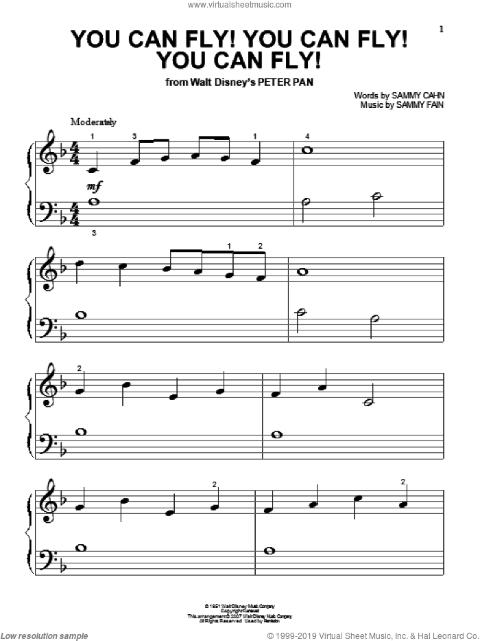 You Can Fly! You Can Fly! You Can Fly! (from Peter Pan) sheet music for piano solo by Sammy Cahn and Sammy Fain, beginner skill level
