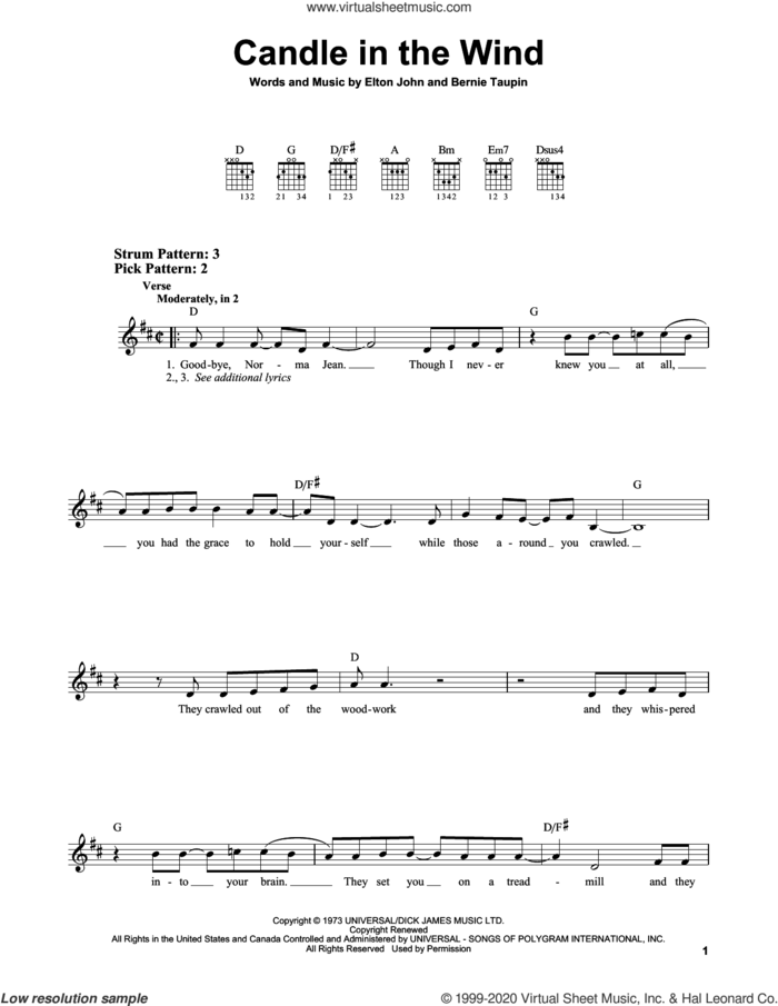 Candle In The Wind sheet music for guitar solo (chords) by Elton John and Bernie Taupin, easy guitar (chords)