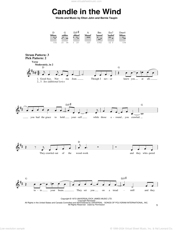 Candle In The Wind sheet music for guitar solo (chords) by Elton John and Bernie Taupin, easy guitar (chords)