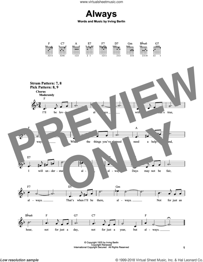 Always sheet music for guitar solo (chords) by Irving Berlin, Billie Holiday, Frank Sinatra and Patsy Cline, easy guitar (chords)