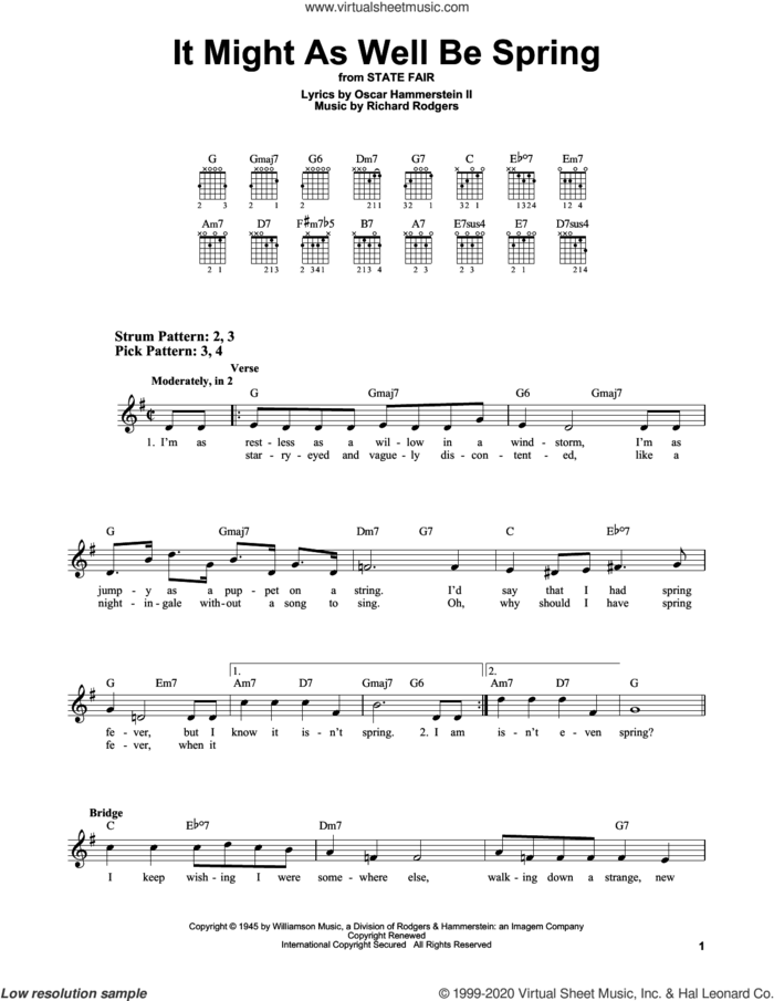 It Might As Well Be Spring sheet music for guitar solo (chords) by Rodgers & Hammerstein, Oscar II Hammerstein and Richard Rodgers, easy guitar (chords)