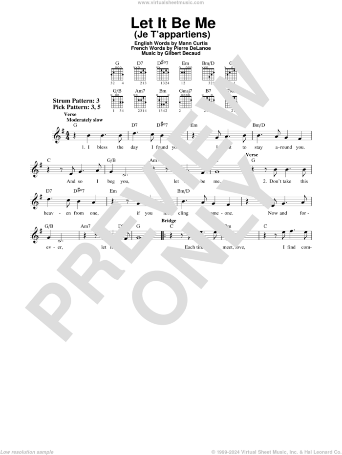 Let It Be Me (Je T'appartiens) sheet music for guitar solo (chords) by Pierre Delanoe, Betty Everett & Jerry Butler, Elvis Presley, Everly Brothers, Gilbert Becaud and Mann Curtis, easy guitar (chords)