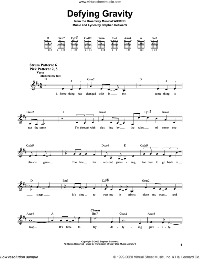 Defying Gravity (from Wicked) sheet music for guitar solo (chords) by Stephen Schwartz, easy guitar (chords)