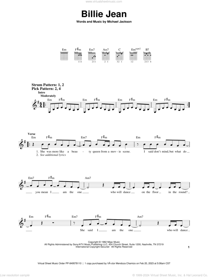 Billie Jean sheet music for guitar solo (chords) by Michael Jackson, easy guitar (chords)