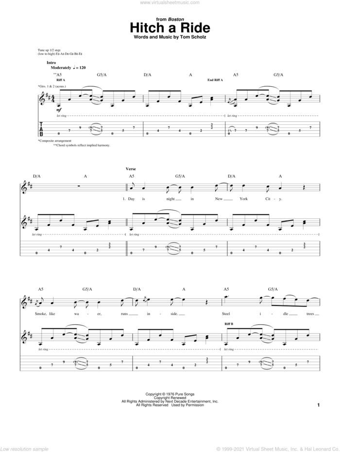 Hitch A Ride sheet music for guitar (tablature) by Boston and Tom Scholz, intermediate skill level