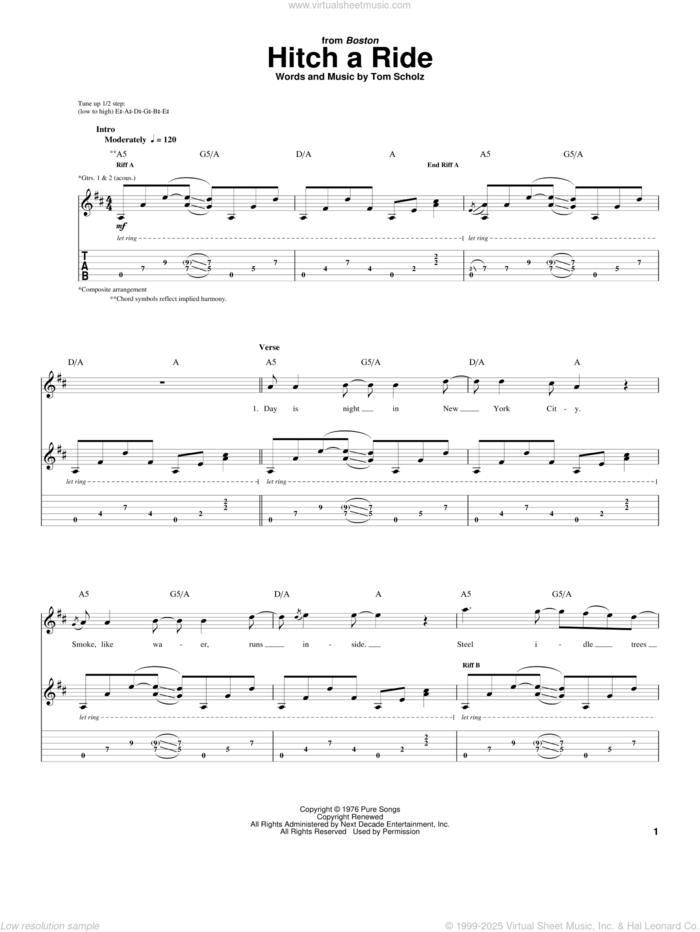 Hitch A Ride sheet music for guitar (tablature) by Boston and Tom Scholz, intermediate skill level