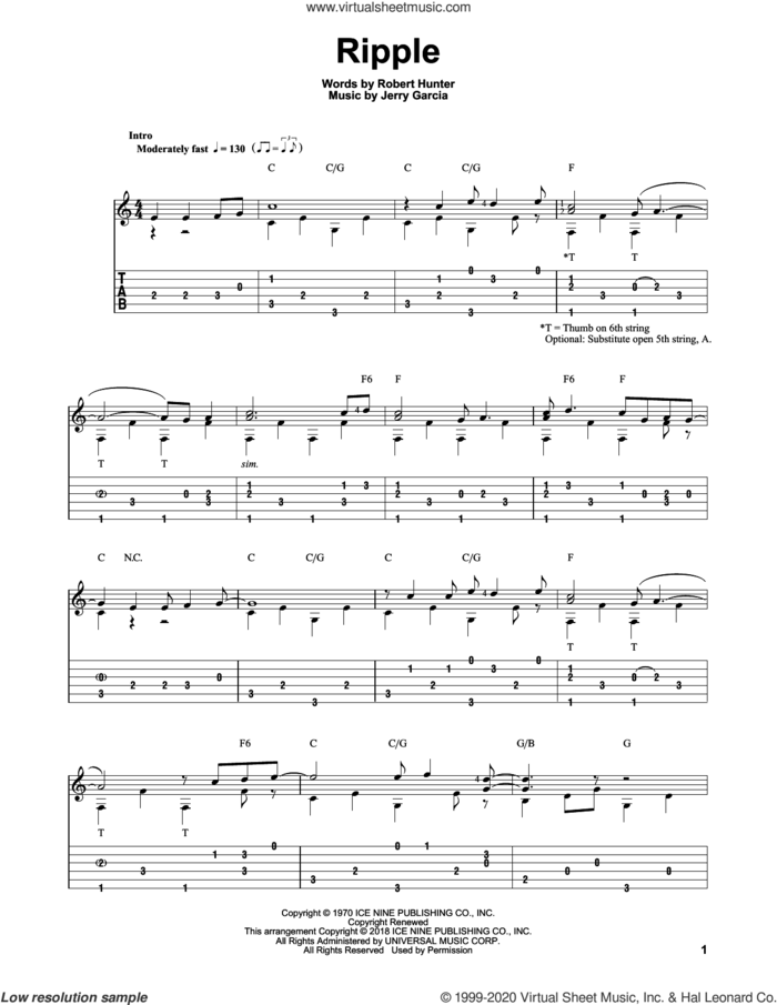 Ripple sheet music for guitar solo by Grateful Dead, Mark Hanson, Jerry Garcia and Robert Hunter, intermediate skill level
