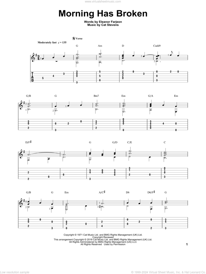 Morning Has Broken sheet music for guitar solo by Cat Stevens, Mark Hanson and Eleanor Farjeon, intermediate skill level