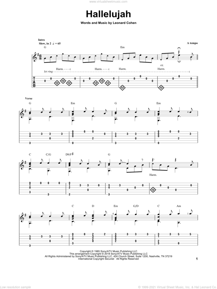 Hallelujah sheet music for guitar solo by Leonard Cohen, Justin Timberlake & Matt Morris featuring Charlie Sexton, Lee DeWyze and Mark Hanson, intermediate skill level