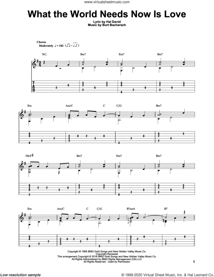 What The World Needs Now Is Love sheet music for guitar solo by Burt Bacharach, Jackie DeShannon, Mark Hanson and Hal David, intermediate skill level