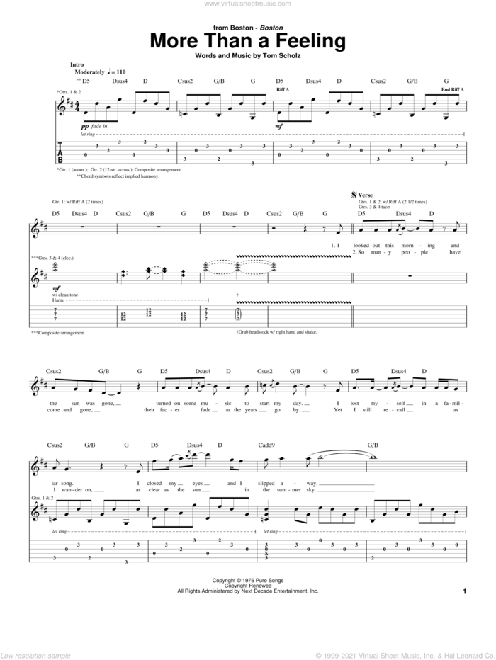 More Than A Feeling sheet music for guitar (tablature) by Boston and Tom Scholz, intermediate skill level