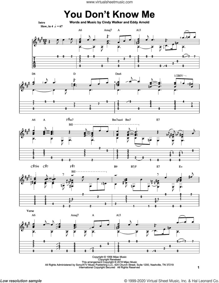 You Don't Know Me sheet music for guitar solo by Ray Charles, Elvis Presley, Mickey Gilley, Mark Hanson, Cindy Walker and Eddy Arnold, intermediate skill level