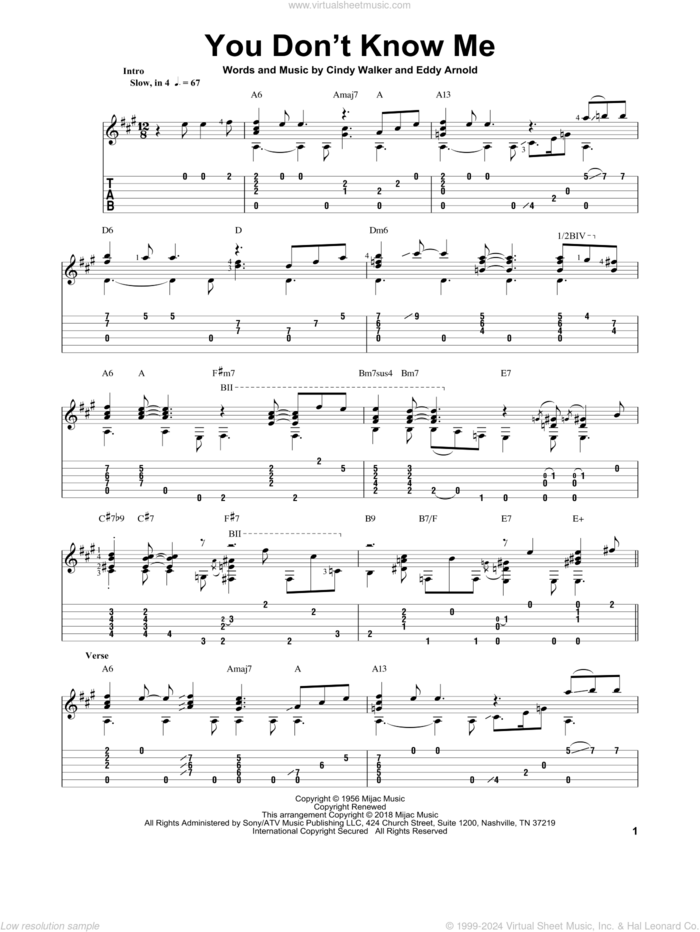 You Don't Know Me sheet music for guitar solo by Ray Charles, Elvis Presley, Mickey Gilley, Mark Hanson, Cindy Walker and Eddy Arnold, intermediate skill level