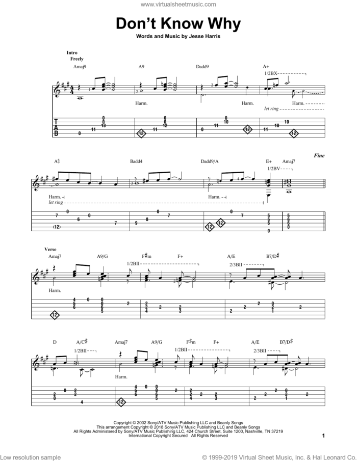 Don't Know Why sheet music for guitar solo by Norah Jones, Mark Hanson and Jesse Harris, intermediate skill level