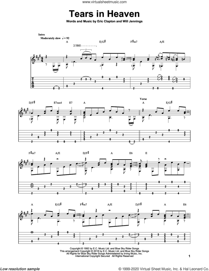 Tears In Heaven, (intermediate) sheet music for guitar solo by Eric Clapton, Mark Hanson and Will Jennings, intermediate skill level