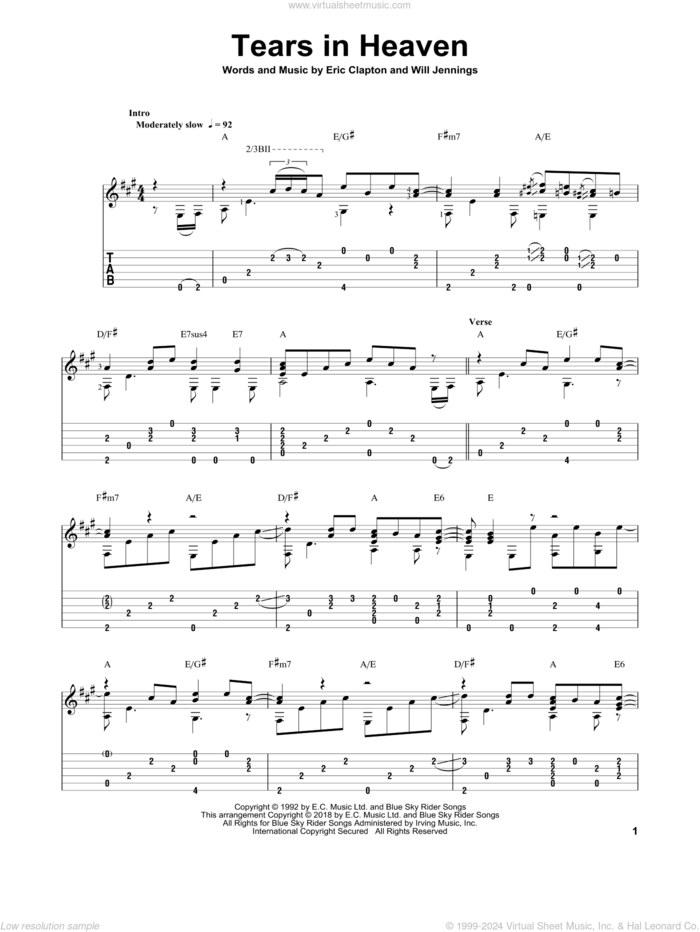 Tears In Heaven, (intermediate) sheet music for guitar solo by Eric Clapton, Mark Hanson and Will Jennings, intermediate skill level