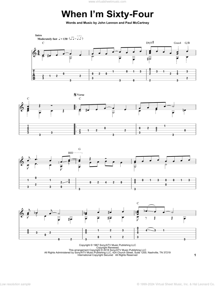 When I'm Sixty-Four sheet music for guitar solo by The Beatles, Mark Hanson, John Lennon and Paul McCartney, intermediate skill level