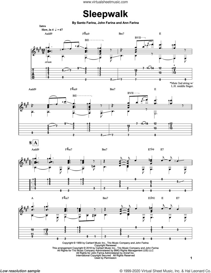 Sleepwalk (Instrumental Version) sheet music for guitar solo by Santo & Johnny, Mark Hanson, Ann Farina, John Farina and Santo Farina, intermediate skill level