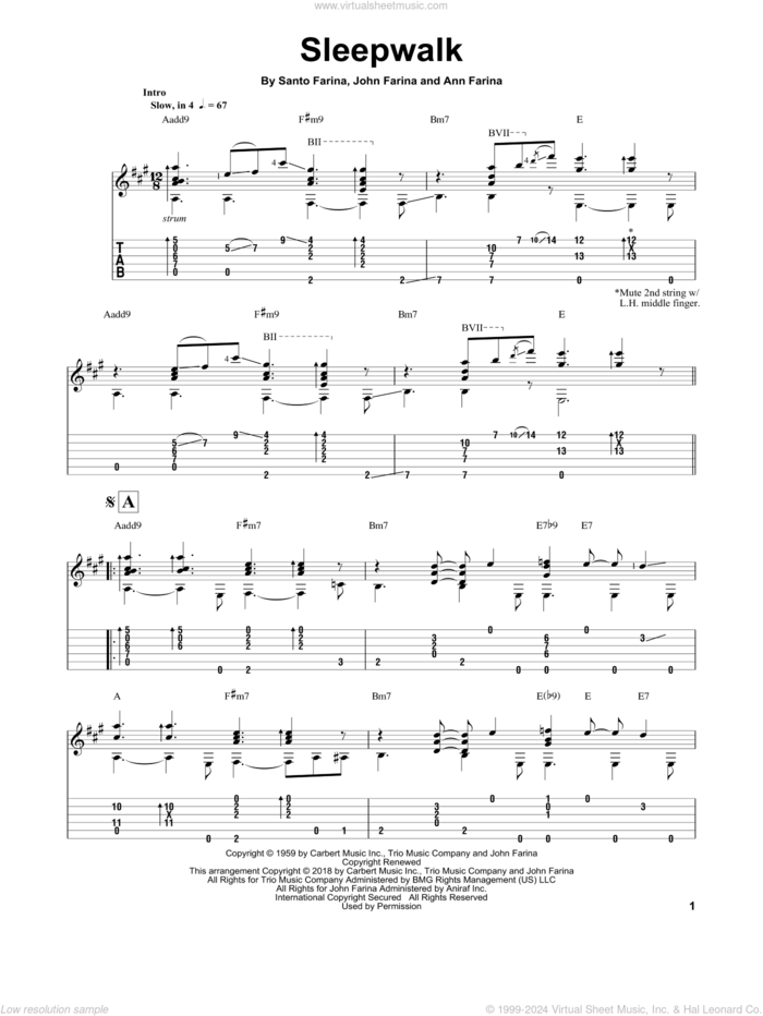 Sleepwalk (Instrumental Version) sheet music for guitar solo by Santo & Johnny, Mark Hanson, Ann Farina, John Farina and Santo Farina, intermediate skill level