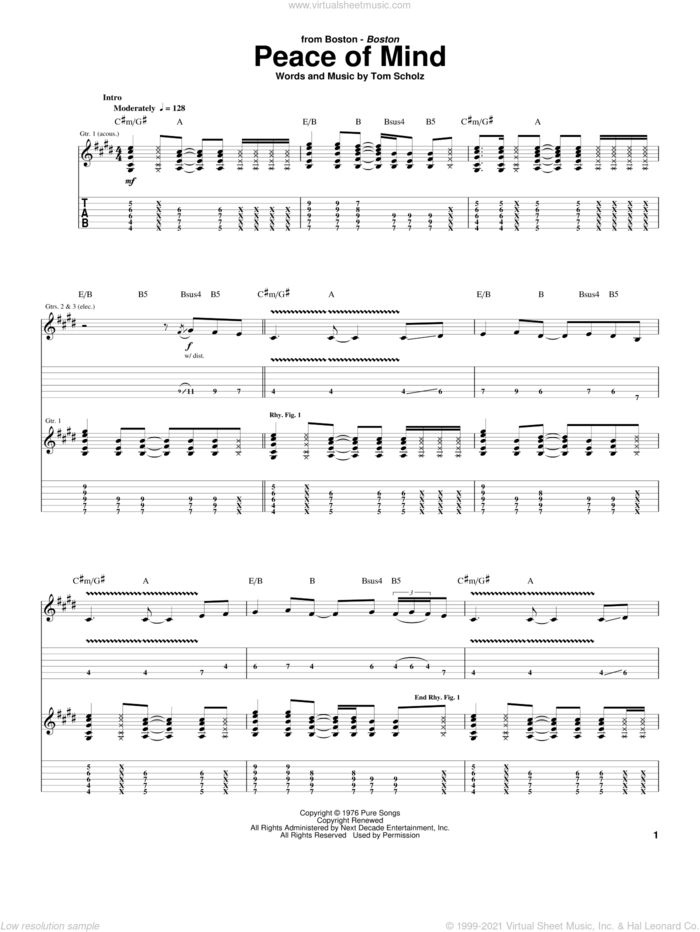 Peace Of Mind sheet music for guitar (tablature) by Boston and Tom Scholz, intermediate skill level