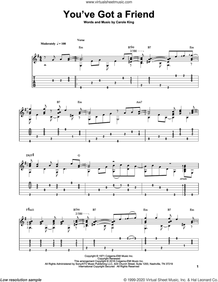 You've Got A Friend sheet music for guitar solo by James Taylor, Mark Hanson and Carole King, intermediate skill level