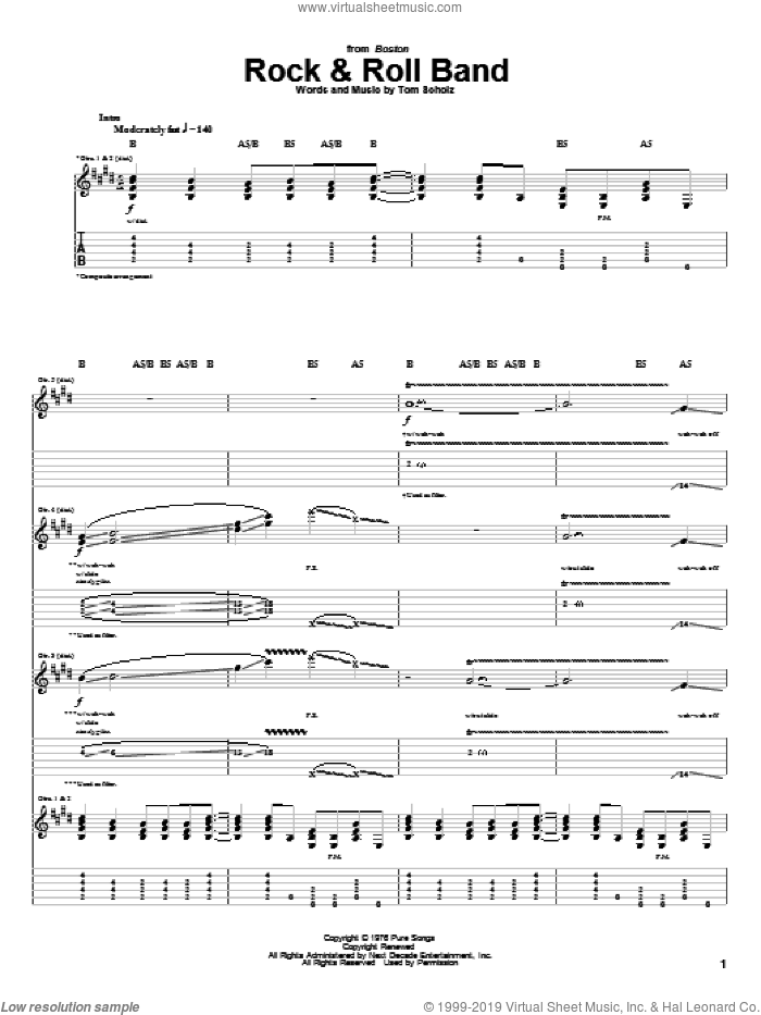 Rock and Roll Band sheet music for guitar (tablature) by Boston and Tom Scholz, intermediate skill level