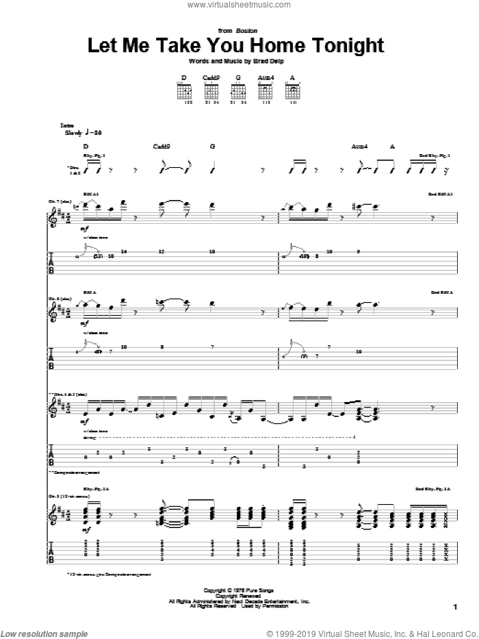 Let Me Take You Home Tonight sheet music for guitar (tablature) by Boston and Brad Delp, intermediate skill level