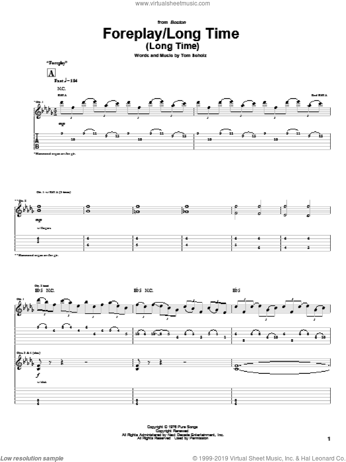 Foreplay/Long Time (Long Time) sheet music for guitar (tablature) by Boston and Tom Scholz, intermediate skill level