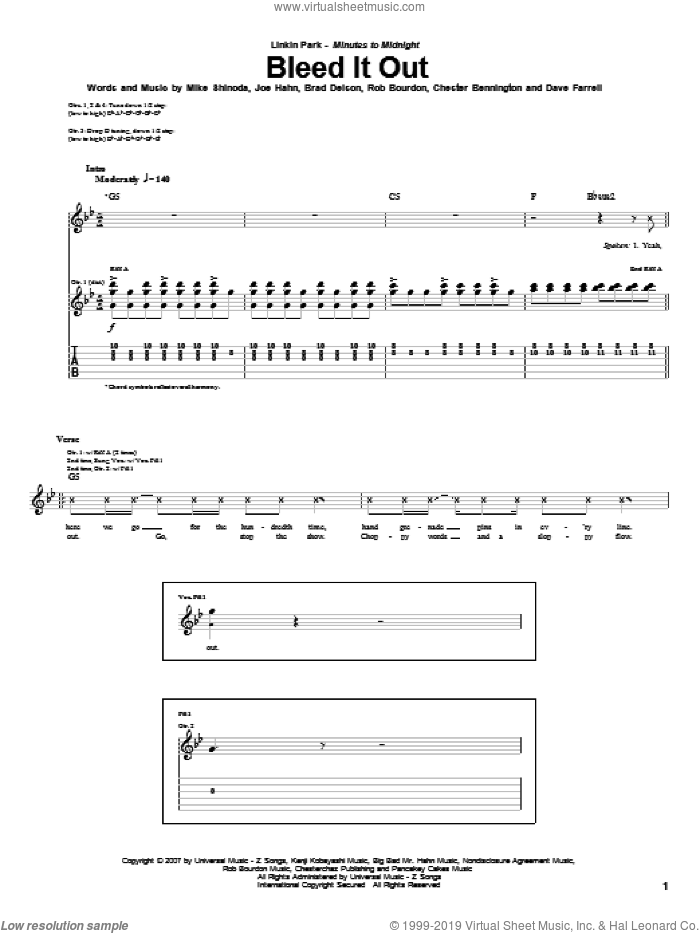 Bleed It Out sheet music for guitar (tablature) by Linkin Park, Brad Delson, Chester Bennington, Dave Farrell, Joe Hahn, Mike Shinoda and Rob Bourdon, intermediate skill level