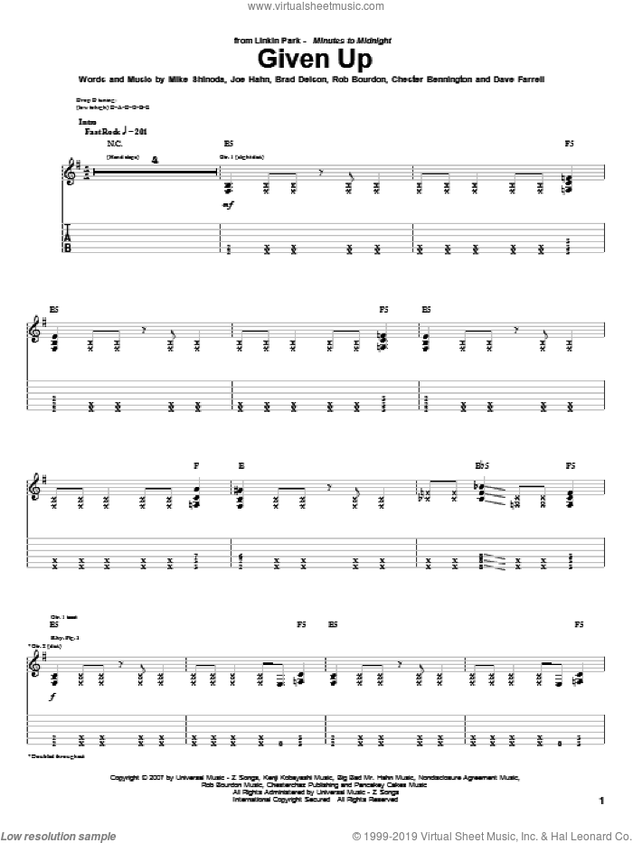 Given Up sheet music for guitar (tablature) by Linkin Park, Brad Delson, Chester Bennington, Dave Farrell, Joe Hahn, Mike Shinoda and Rob Bourdon, intermediate skill level