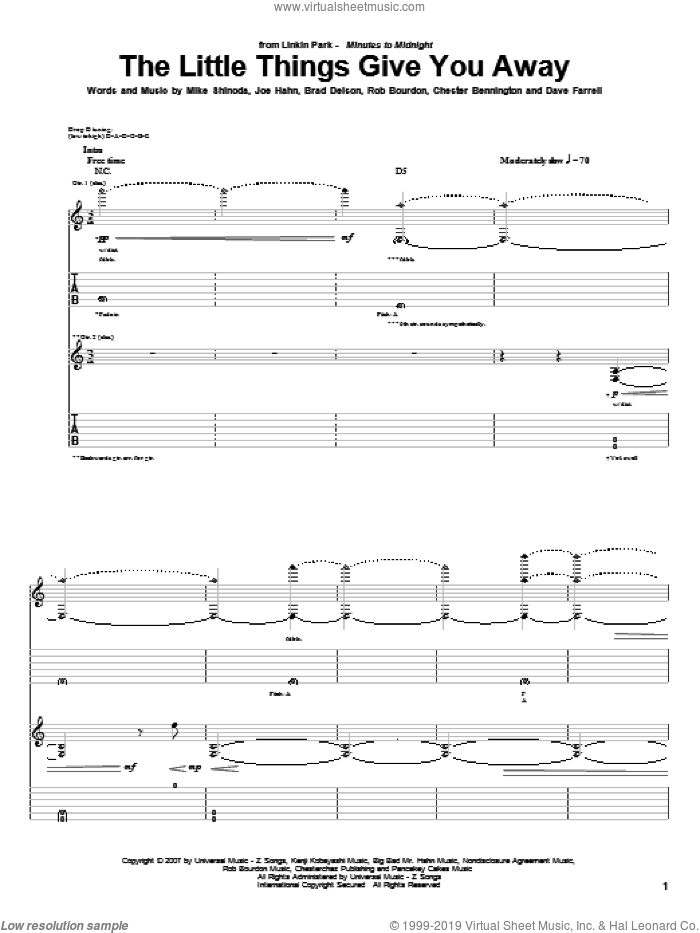 The Little Things Give You Away sheet music for guitar (tablature) by Linkin Park, Brad Delson, Chester Bennington, Dave Farrell, Joe Hahn, Mike Shinoda and Rob Bourdon, intermediate skill level