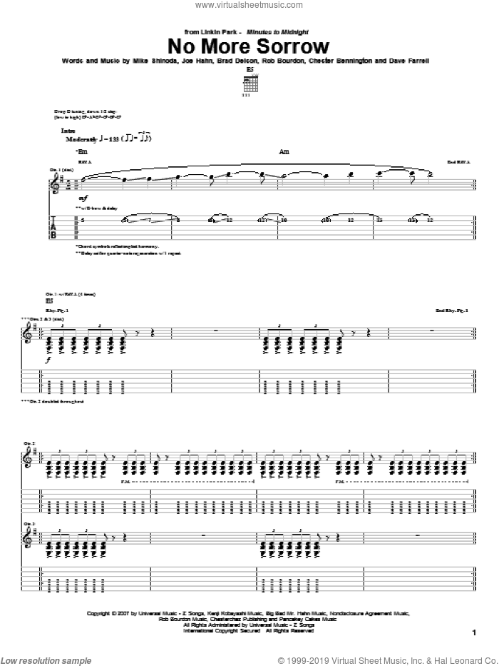 No More Sorrow sheet music for guitar (tablature) by Linkin Park, Brad Delson, Chester Bennington, Dave Farrell, Joe Hahn, Mike Shinoda and Rob Bourdon, intermediate skill level