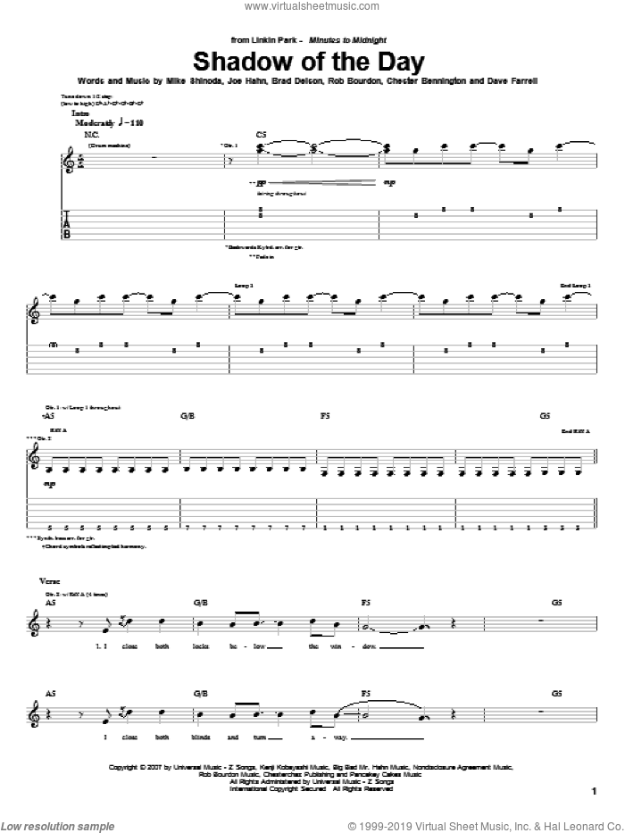 Shadow Of The Day sheet music for guitar (tablature) by Linkin Park, Brad Delson, Chester Bennington, Dave Farrell, Joe Hahn, Mike Shinoda and Rob Bourdon, intermediate skill level