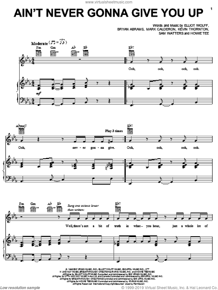 Ain't Never Gonna Give You Up sheet music for voice, piano or guitar by Paula Abdul, Bryan Abrams, Elliot Wolff, Howie Tee, Kevin Thornton, Mark Calderon and Sam Watters, intermediate skill level