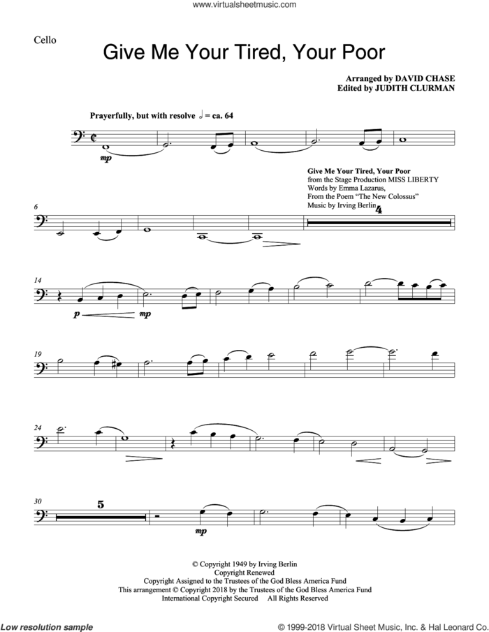 Give Me Your Tired, Your Poor (with 'God Bless America') (arr. David Chase) sheet music for orchestra/band (cello) by Irving Berlin, David Chase, Emma Lazarus and Emma Lazarus and Irving Berlin, intermediate skill level