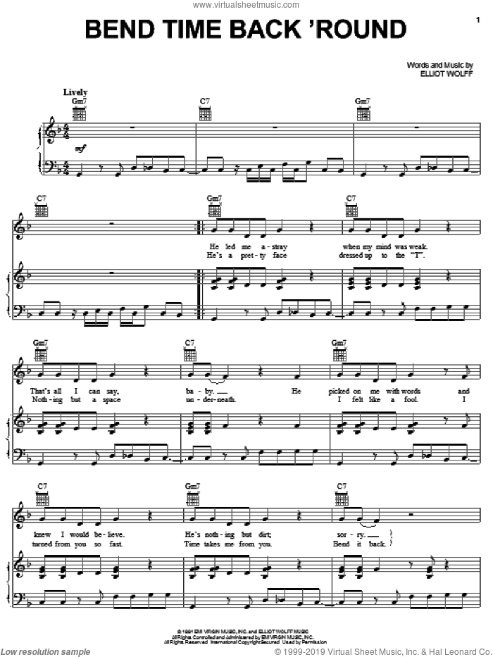 Bend Time Back 'Round sheet music for voice, piano or guitar by Paula Abdul and Elliot Wolff, intermediate skill level