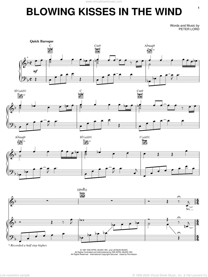 Blowing Kisses In The Wind sheet music for voice, piano or guitar by Paula Abdul and Peter Lord, intermediate skill level