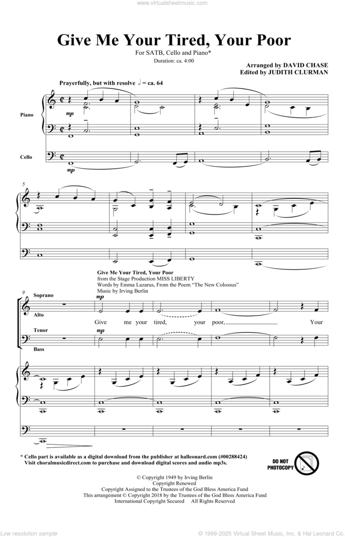 Give Me Your Tired, Your Poor (with God Bless America) (arr. David Chase) sheet music for choir (SATB: soprano, alto, tenor, bass) by Irving Berlin, David Chase, Emma Lazarus and Emma Lazarus and Irving Berlin, intermediate skill level