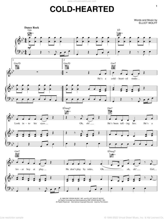 Cold-Hearted sheet music for voice, piano or guitar by Paula Abdul and Elliot Wolff, intermediate skill level